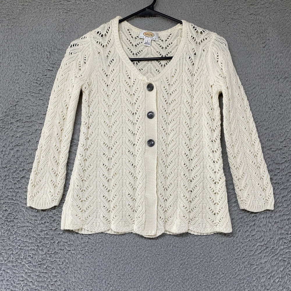 Talbots Y2K Cardigan Sweater Womens XS Cream Cotton Open Knit Pointelle